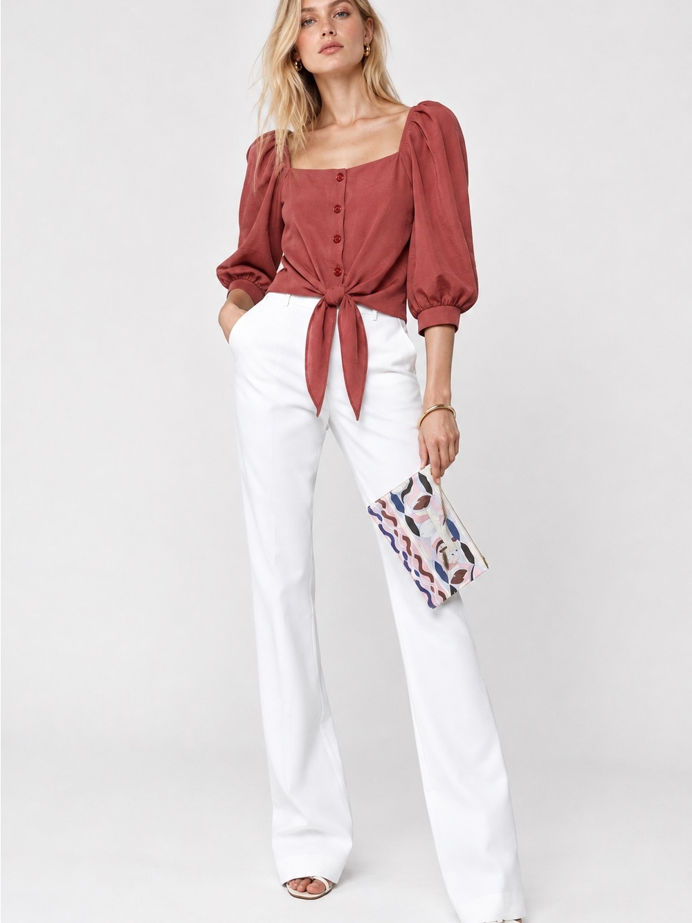 Women's Tie-Front Puff Sleeve Top - Rust